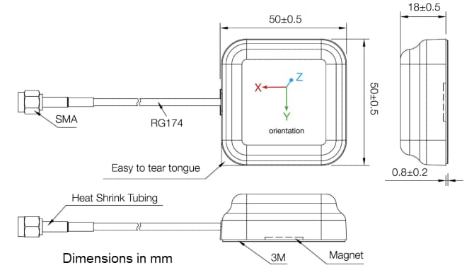 Mechanical Drawing - Siretta Mike 19 Dual Band GNSS Magnetic Patch Antennas